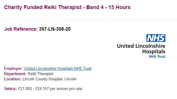 Charity Funded Reiki Therapist job reference - Band 4 - 15 Hours - note that the words charity funded have been added and the words spiritual healer have been removed from the first iteration of the job listing