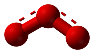 Ball and stick diagram of ozone - three molecules of oxygen represented by balls, connected by sticks