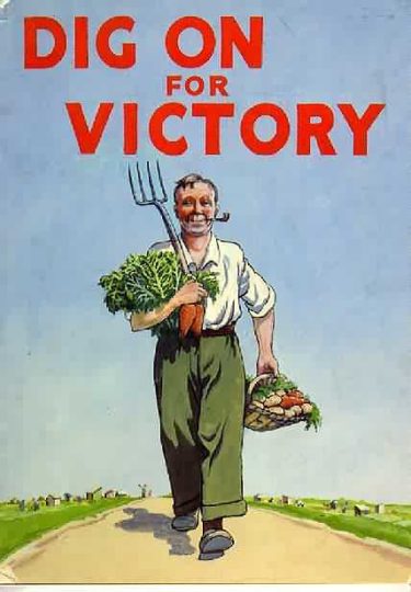 A drawing of a man carrying various vegetables and a garden fork walks in front of a blue sky with the words "Dig on for Victory" written in large red writing above.