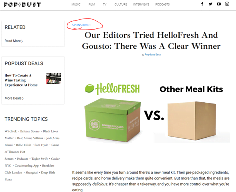 The PopDust website with the article headlined "Our Editors Tried HelloFresh and Gousto: There was a Clear Winner". The article is listed "Sponsored" and the image shows a HelloFresh box next to a plain brown box labelled "Other Meal Kits".