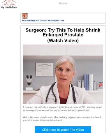 Article on "My Health Easy" headed "Try This To Help Shrink Enlarged Prostate (Watch Video)" with a stock image of a white-haired white woman wearing a lab coat and stethoscope. 