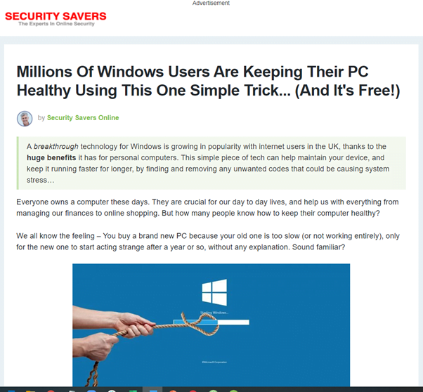 An article listed as an "Advertisement" on the website "Security Savers" with the headline "Millions of Windows Users Are Keeping Their PC Healthy Using This One Simple Trick... (And It's Free!)"