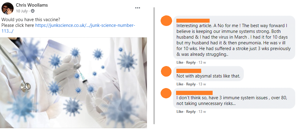 A user shares a link on 10th July to an article from Junk Science asking "would you have this vaccine?". The comments say "interesting article. A No for me ! The best way forward I believe is keeping our immune systems strong. Both husband & I had the virus in March. I had it for 10 days but my husband had it & then pneumonia. He was v ill for 10 wks. He had suffered a stroke just 3 wks previously & was already struggling..", "not with abysmal stats like that." and "I don't think so. have 3 immune system issues, over 80, not taking unnecessary risks..."