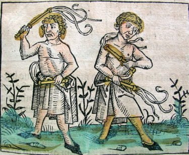 A wood cutting of flagellants from the Nuremberg chronicles 1440 - 1514.