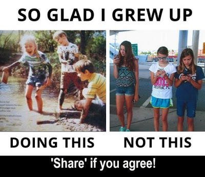 Meme headed "So glad I grew up"
Image one: children playing in a stream and underneath written "doing this", image two: children looking a their phones written underneath "not this". Underneath "Share if you agree!".