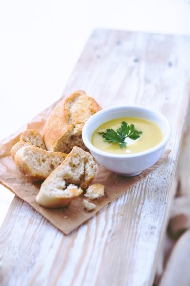Leek and potato soup with crusty bread.