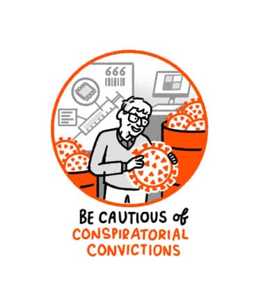 A drawing of Bill Gates with two vats of corona virus - the text reads "Be cautious of conspiratorial convictions"