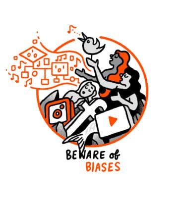 "Beware of biases" - mermaids on a rock sing in algorithms while holding on to social media icons. 