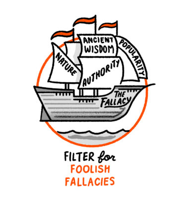 "Filter for foolish fallacies" - a ship floating above water with sales labelled "nature, ancient wisdom, popularity and authority" the ship is called The Fallacy.