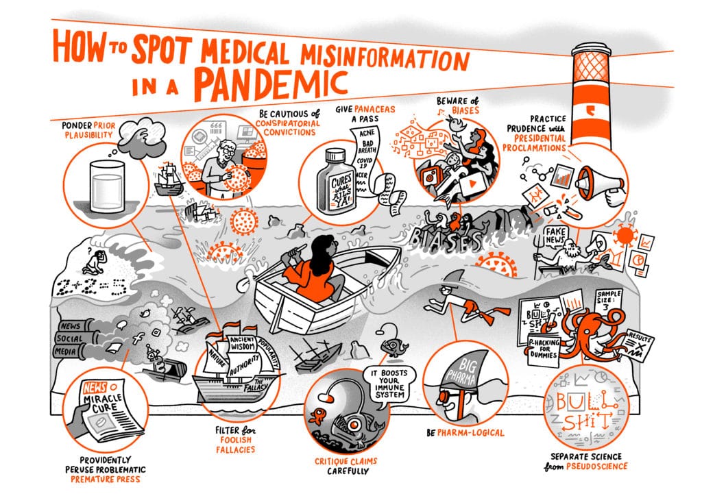 All the drawings from the piece above are collected together under the heading "How to spot medical misinformation in a pandemic". Each image is part of a large seascape with a person rowing a small boat heading towards the lighthouse which lights up the heading.