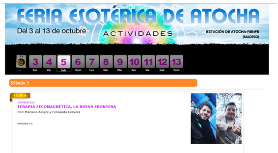 A screenshot of the website for the Esoteric and Alternative Fair of Atocha with a talk held by Mariano and Fernando advertised.