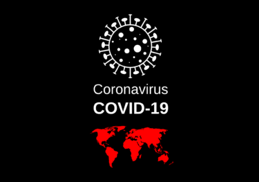 A black background. In white an outline of a SARS-CoV-2 virus, with the words "Coronavirus COVID-19" beneath. Below that, a map of the earth in red.