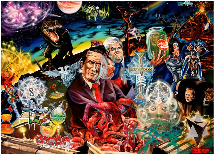 The image is a psychedelic mix of American political references and subversive iconography. In the middle of the image, we have what looks like a mix of Richard Nixon, Ronald Regan, and a pig. His right arm submerged up to the elbows in the entrails of multi-eyed alien with an Eye of Providence on its forehead. His left hand holds up a large glowing cross. Behind him is New Gingrich holding up what I think is Bob Dole in a Dole pickle jar. Behind Newt is Bill Clinton in a batman costume and Hillary Clinton with her head replaced with a hydra and her genitals exposed and heavily pierced. Behind them is an exploding volcano and beneath them is a small swastika and two faces I don’t recognise. There’s a multifaceted pyramid object in the bottom right corner and a chemistry set in the bottom left corner along with the number eight, a devil, a clock. In the top right there is a T-Rex. In the center of the image is a dark-skinned Jesus on a cross and behind him is a satellite floating through an Afrofuturist style sky