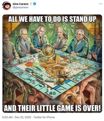 A group of white or Jewish men who are meant to appear as bankers sit at a Monopoly board that is resting on the backs of four diversely colored muscular men who are kneeling with their heads bowed. On the Monopoly board is a pile of symbols for wealth and power, ranging from golden pyramids to a button with a radiation symbol on it connected to a nuclear rocket. One particularly Jewish looking banker is holding a large diamond. Behind the men are the ghostly spirits of other generic bankers, and behind them is a large pyramid flanked by factories