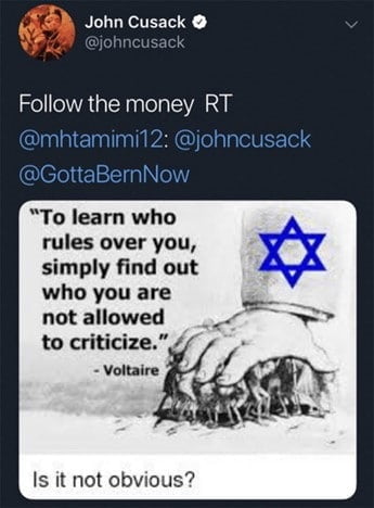 A large hand with a Star of David pictured on the forearm is pressing down on a group of people. Next to it is the quote “To learn who rules over you, simply find out who you are not allowed to criticize”. As is common, the quote is falsely attributed to Voltaire, while the actual source is believed to be the neo-Nazi Kevin Strom. Beneath the image is the question “Is it not obvious?”