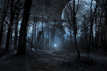 Two UFOs alongside a full moon in a dark woodland