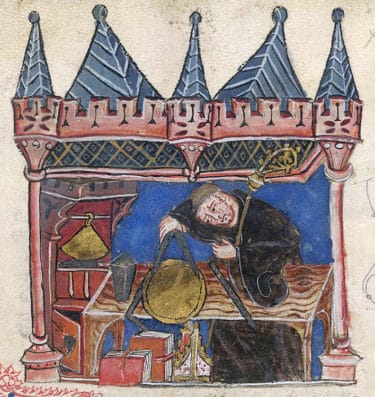 A medieval scholar making measurements