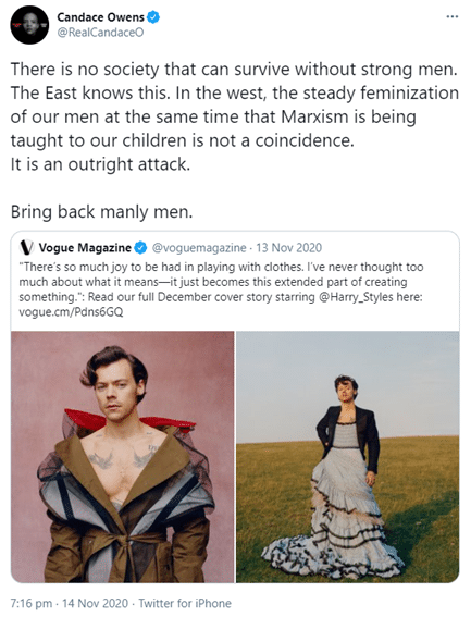 The tweet from Candace Owens which quotes a tweet from Vogue Magazine. There are two photos of Harry Styles. In the second he is wearing a floor length ball gown which is pale blue with a ruffled skirt. 