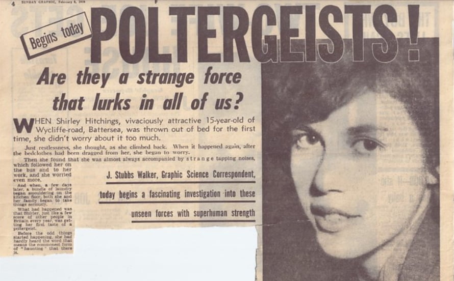 An old newspaper article about the Battersea Poltergeist case listing Shirley Hitchings as a "vivaciously attractive 15-year-old of Wycliffe-road, Battersea".  