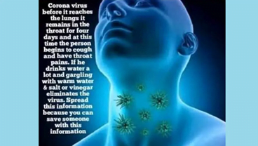 A representation of a person from the shoulders up with their head tilted back and viral particles shown in their throat. The words read "Corona virus before it reaches the lungs it remains in the throat for four days and at this time the person begins to cough and have throat pains. If he drinks water a lot and gargling with warm water & salt or vinegar eliminates the virus. Spread this information because you can save someone with this information"