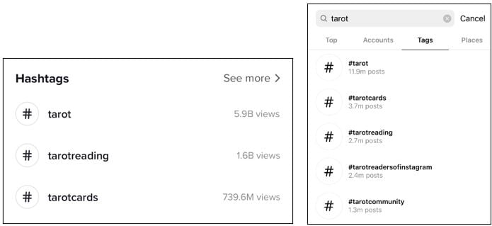 Tiktok hashtags: #tarot has 5.9B views, 
#TarotReading has 1.6B views, #TarotCards has 739.6M views.

Instagram hastags: #tarot has 11.9m posts, #TarotCards has 3.7m posts, #TarotReading has 2.7m posts, #TarotReadersOfInstagram has 2.4m posts and #TarotCommunity has 1.3m posts. 