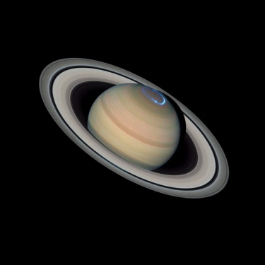 Planet Saturn as imaged by NASA's Hubble Space Telescope on July 4, 2020. Image was processed and auroras added by Pablo C. Budassi [CC BY-SA 4.0]