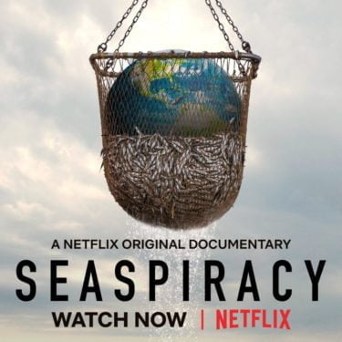 Seaspiracy promo image. A large fishing net half filled with fish and with the planet earth on top of the fish. Below reads "A Netflix original documentary Seaspiracy watch now on Netflix"