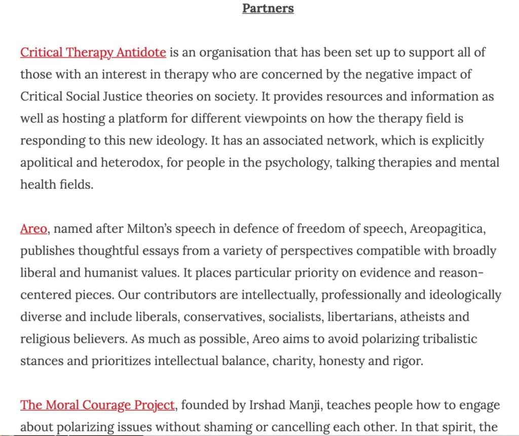 Counterweights page listing partner organisations, which lists Aero, Critical Therapy Antidote, and The Moral Courage Project, but has no reference to James Lindsay's New Discourses website.