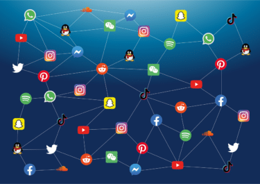 Social media apps connecting to one another in a large network.