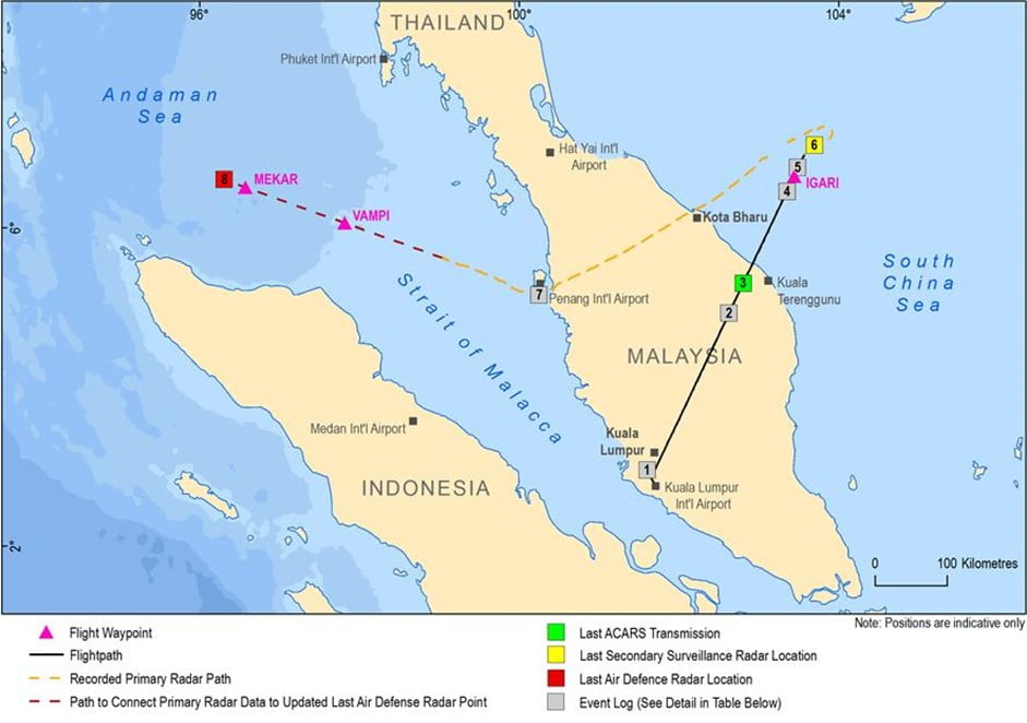 Map depicts flight route north east from Kuala Lumpur Int'l Airport towards the South China sea before returning across Malaysia towards Penang Int'l Airport then across the Strait of Malacca. 