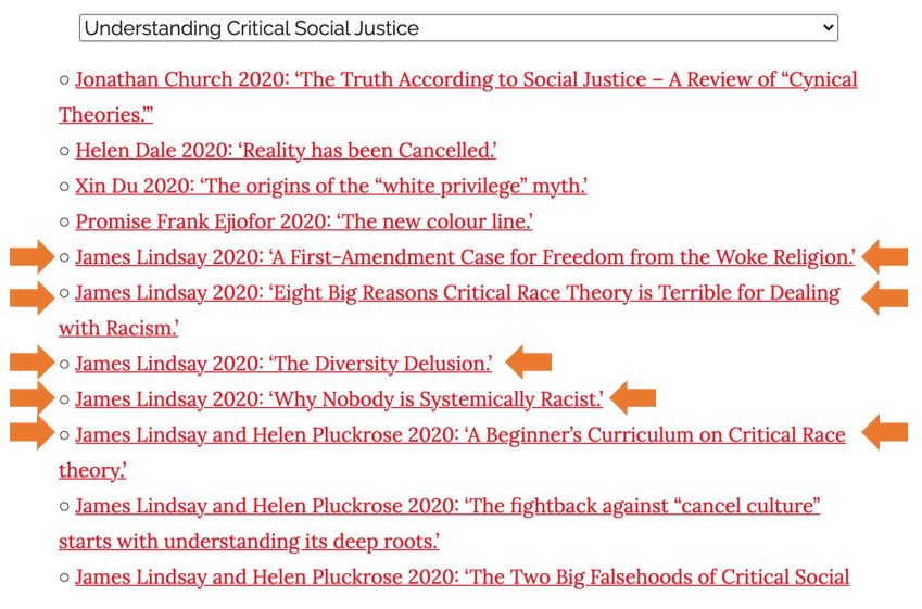 A list of linked resources on Counterweight's "understanding critical social justice" page, as linked to in the preceding paragraph. Of the links, five are highlighted - these are links to content on New Discourses, written by James Lindsay.