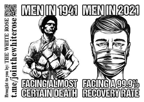 "Men in 1941 facing almost certain death" - image of a man in a helmet looking confident, short sleeves, with grenades strapped around his neck  "Men in 2021 facing a 99% recovery rate" - image of a man in a mask, crying