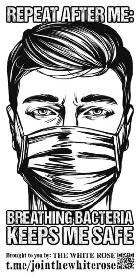 Black and white line drawing of a man with a quiff wearing a face mask. "Repeat after me: Breathing bacteria keeps me safe" - white text with a black outline on a white background