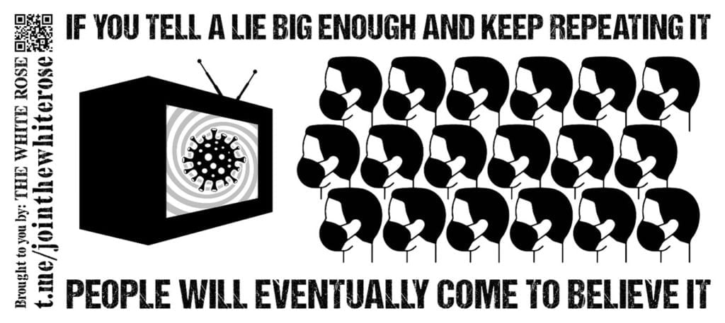 Line drawing of a TV screen with a viral particle on the screen. Three rows of six men (total 18), all identical and wearing masks are watching the screen.
"If you tell a lie big enough and keep repeating it, people will eventually come to believe it" - black text on a white background