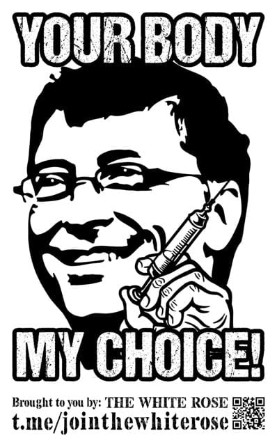Line drawing of Bill Gates holding a needle: "Your body, my choice!"