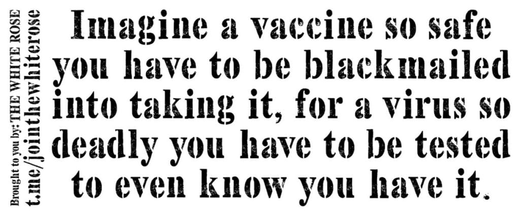 "Imagine a vaccine so safe you have to be blackmailed into taking it, for a virus so deadly you have to be tested to even know you have it" - black text on a white background