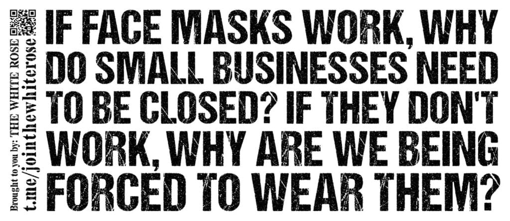 "If face masks work, why do small businesses need to be closed? If they don't work, why are we being forced to wear them?" - black text on a white background