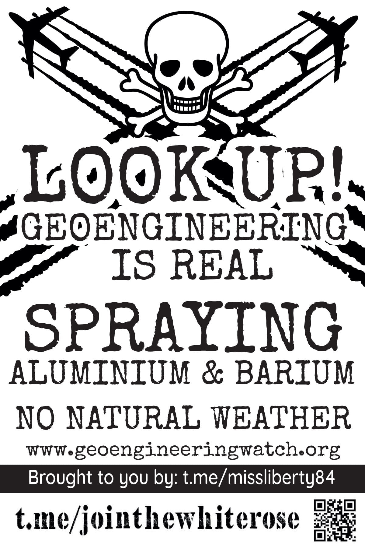 "Look up! Geoengineering is real, spraying aluminium and barium, no natural weather" - black text on a white background, image shows an outline of a skull and cross bones over the top of two planes flying in a cross formation with trails off each plan overlapping to form the X.