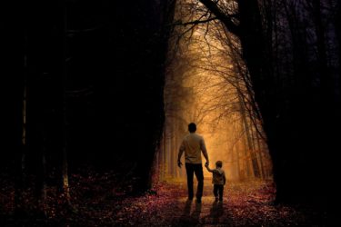A man and child walking hand in hand in a forest