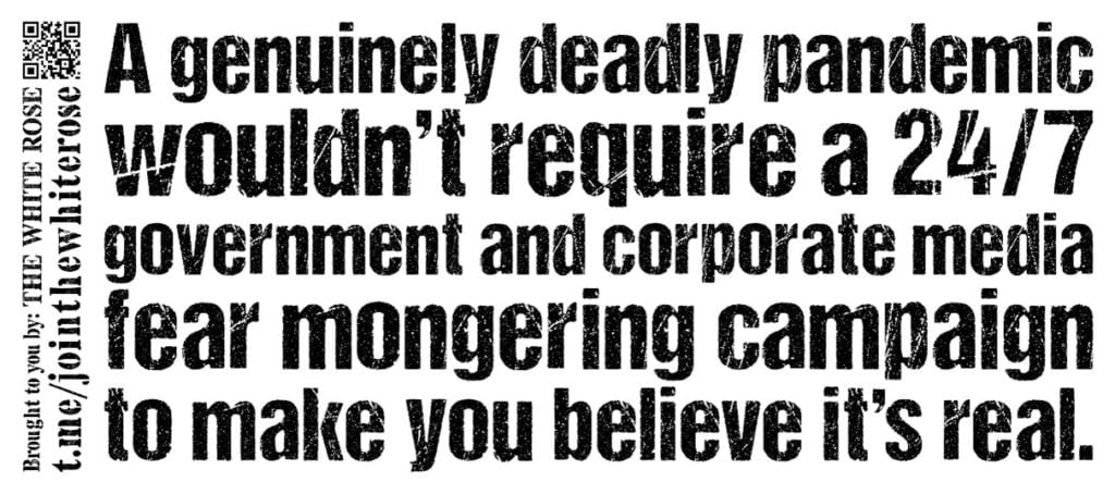 "A genuinely deadly pandemic wouldn't require a 24/7 government and corporate media fear mongering campaign to make you believe it's real" - black text on a white background