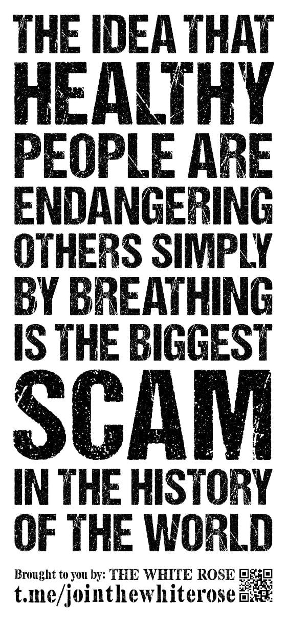 "The idea that healthy people are endangering others simply by breathing is the biggest scam in the history of the world" - black text on a white background