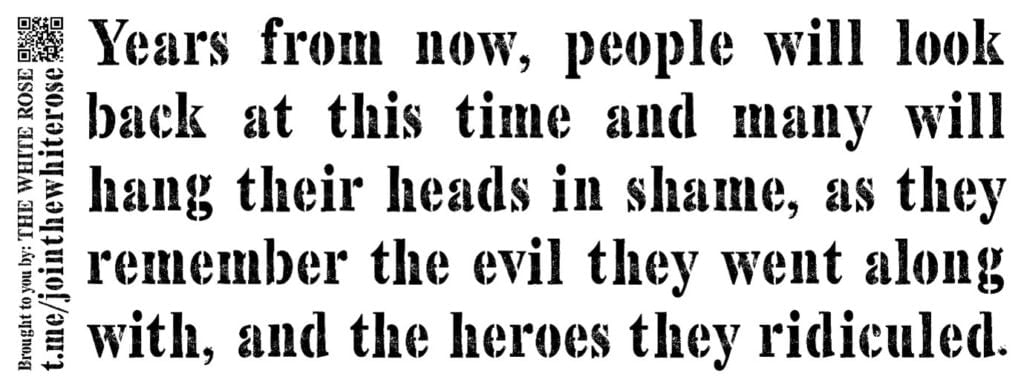 "Years from now, people will look back at this time and many will hang their heads in shame, as they remember the evil they went along with, and the heroes they ridiculed" - black text on a white background