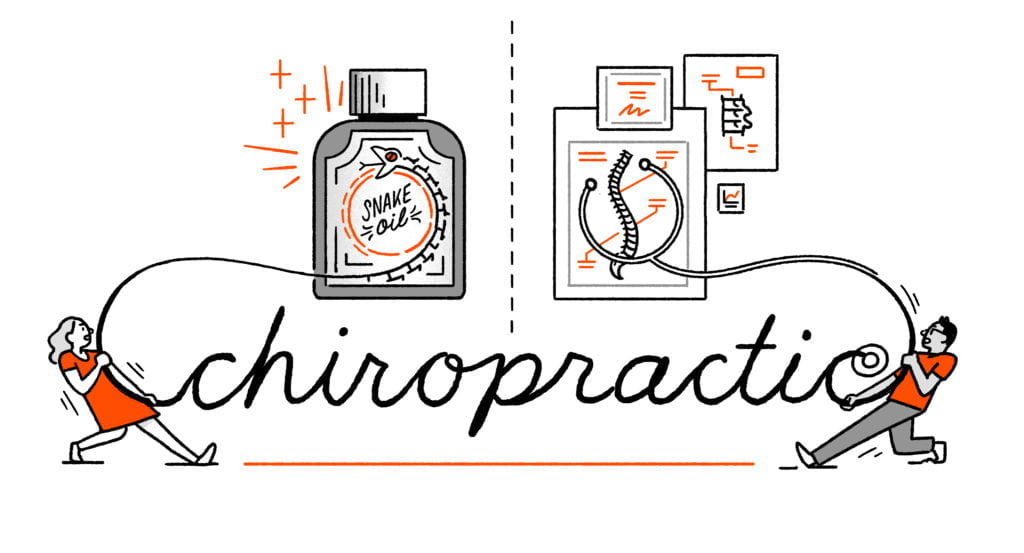 Two characters tug at the word "chiropractic" - one is directing the tail of the "rope" she tugs at towards a bottle of snake oil, the other towards a depiction of a spine. The latter character's piece of rope is now shaped like a stethoscope.