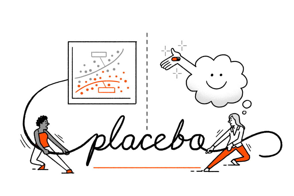 Two characters tug at a rope shaped like the word "placebo" - above one is a thought cloud with a smiley face holding a pill, above the other is a graph with multiple data points. 