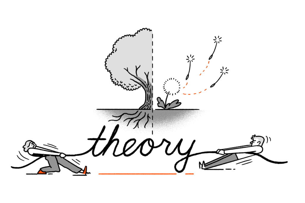 Two characters tug at a rope shaped like the word "theory". Above one is a tree with roots, above the other a dandelion seed head with seeds floating into the sky.