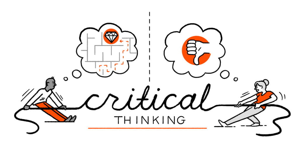 Two characters tug at a piece of rope shaped like the words "critical thinking". Above one, the thought bubble depicts a pathway through a maze, above the other the thought bubble depicts a thumbs down. 