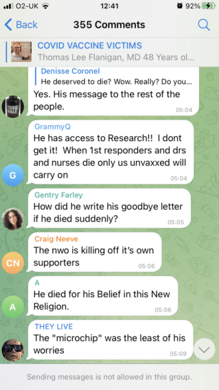 A screenshot of the telegram group which discusses Thomas's death - the messages are quoted in the main text of this article. The bottom of the screen shot reads "sending messages is not allowed in this group"