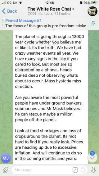 A screenshot from the white rose chat group depicting the section of text described in the article where a poster points at effects of climate change and suggests that "Mr Musk believes he can rescue maybe a million people off the planet".