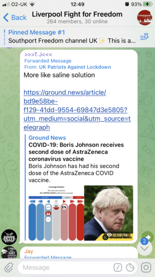 A poster in the Liverpool Fight for Freedom group spreads the conspiracy theory that Boris Johnson received a saline solution instead of a vaccine. The pinned messages prompts users to join another conspiracy theory group.
