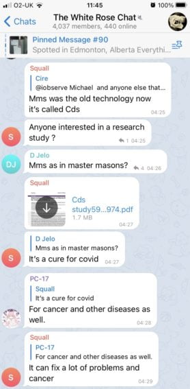 Messages in The White Rose Chat about MMS:
1. "Mms was the hold technology now it's called Cds"
2. "Anyone interested in a research study ?"
3. "Mms as in master masons?"
4. PDF file
5. "It's a cure for covid"
6. "For cancer and other diseases as well."
7. "It can fix a lot of problems and cancer"